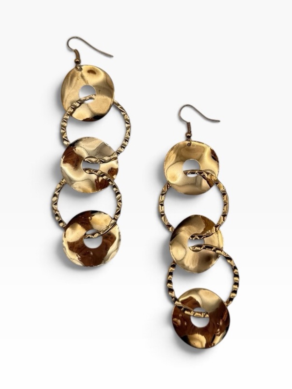 Gold Linked Triple-Disc Dangle Earrings Vintage